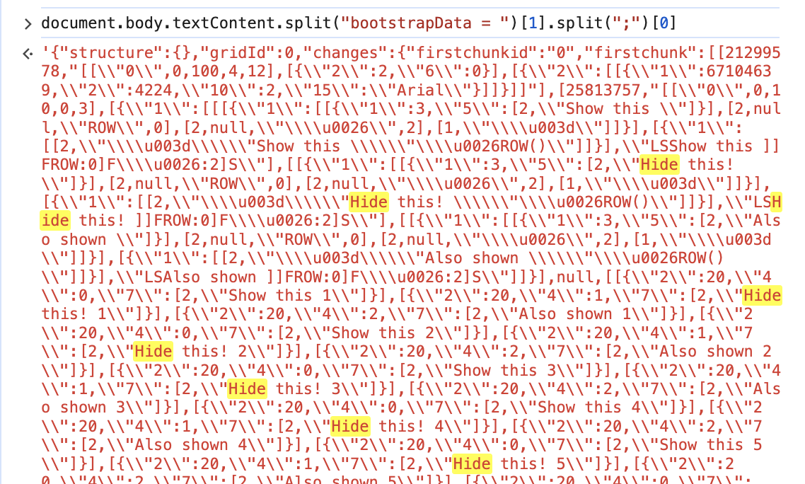 A console printout that includes hidden data